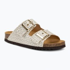 Klapki damskie Scholl Noelle Raf Te. Białe klapki Scholl, bez wzorów, bez obcasa. Za 319.99 zł.