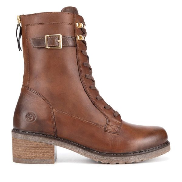 Trzewiki Remonte. Brązowe botki Remonte, bez wzorów, bez obcasa, na słupku, bez zapięcia. Za 384.99 zł.