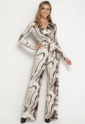 Beżowo-Brązowy Kombinezon z Wiązanym Paskiem i Kopertowym Dekoltem w Abstrakcyjny Wzór Sairisse. Brązowe sukienki Born2be, na spotkanie biznesowe, l, bez wzorów, eleganckie, bez kołnierzyka, bez ramiączek, kopertowe. Za 139.99 zł.