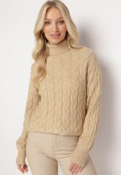 Ciemnobeżowy Sweter z Golfem w Warkoczowy Splot ze Ściągaczami Maraiwai. Brązowe golfy Born2be, na jesień, bez wzorów, ze splotem, bez ramiączek. Za 89.99 zł.