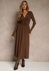 Brązowa Taliowana Sukienka Longsleeve z Wiskozą z Marszczeniem i Dekoltem V Elirie. Brązowe sukienki Renee, na imprezę, l, bez wzorów, z wiskozy, bez kołnierzyka, bez ramiączek, maxi, oversize. Za 159.99 zł.