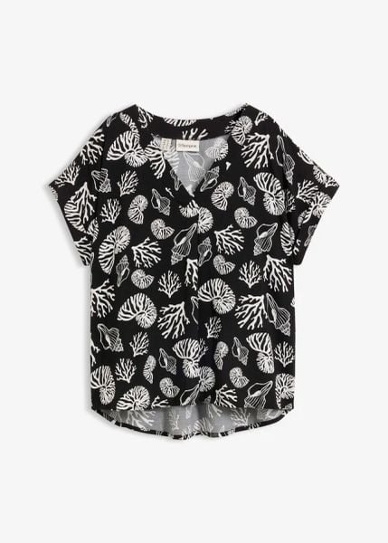 Bluzka tunikowa z lejącego materiału. Czarne bluzki bonprix, bez wzorów, bez kołnierzyka, bez ramiączek. Za 112.99 zł.