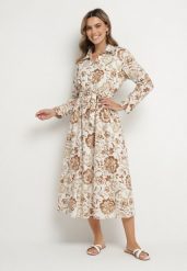 Jasnobeżowa Sukienka Koszulowa z Wiskozy w Kwiaty z Wiązanym Paskiem Lorkia. Brązowe sukienki Born2be, na co dzień, na lato, l, bez wzorów, z wiskozy, eleganckie, bez kołnierzyka, bez ramiączek, maxi, koszulowe. Za 169.99 zł.