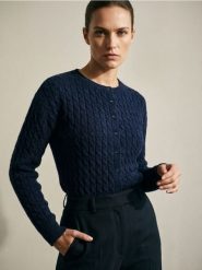 Kardigan z dekoracyjnym splotem - granatowy. Niebieskie kardigany Sinsay, l, bez wzorów, ze splotem. Za 49.99 zł.