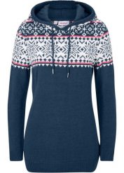 Sweter z kapturem. Niebieskie swetry bonprix, bez wzorów, z dzianiny, bez ramiączek. Za 112.99 zł.