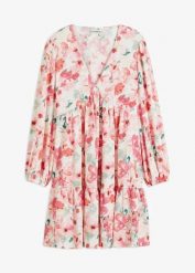 Sukienka tunikowa z lekkiej krepy. Brązowe sukienki bonprix, na lato, bez wzorów, bez kołnierzyka, bez ramiączek, rozkloszowane. Za 124.99 zł.