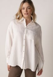 Biała Wiskozowa Koszula z Dodatkiem Lnu z Tkaniny Strukturalnej Noma. Białe koszule Born2be, uniwersalny, bez wzorów, z jeansu, casualowe, bez kołnierzyka, bez ramiączek. Za 89.99 zł.