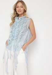 Niebieska Koszula z Ozdobnymi Falbanami Adoria. Niebieskie koszule Born2be, m, bez wzorów, eleganckie, bez kołnierzyka, bez ramiączek. Za 139.99 zł.