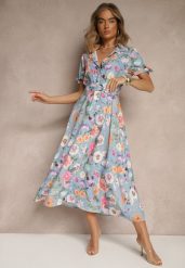 Jasnoniebieska Koszulowa Sukienka w Kwiaty o Rozkloszowanym Fasonie z Paskiem Fevalirra. Niebieskie sukienki Renee, na spotkanie biznesowe, na lato, m, bez wzorów, eleganckie, bez kołnierzyka, bez ramiączek, maxi, kopertowe. Za 89.99 zł.