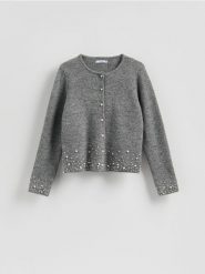 Kardigan z aplikacją - szary. Szare kardigany Reserved, l, z aplikacjami, z dzianiny. Za 149.99 zł.