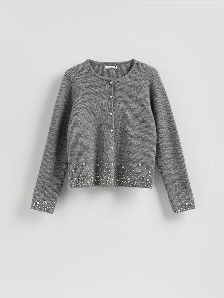 Kardigan z aplikacją - szary. Szare kardigany Reserved, l, z aplikacjami, z dzianiny. W wyprzedaży za 109.99 zł.