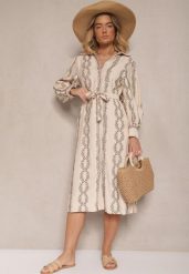 Beżowa Wiskozowa Sukienka o Koszulowym Kroju z Haftem i Wiązanym Paskiem Salliene. Brązowe sukienki Renee, na co dzień, l, z aplikacjami, z wiskozy, eleganckie, bez kołnierzyka, bez ramiączek, midi, koszulowe. Za 129.99 zł.