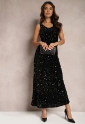 Czarna Sukienka Maxi na Ramiączkach w Cekiny Misona. Czarne sukienki Renee, l, bez wzorów, bez kołnierzyka, bez ramiączek, maxi. Za 159.99 zł.