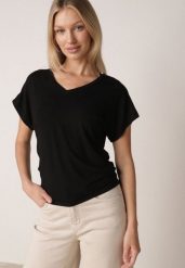 Czarny T-shirt z Wiskozy z Trójkątnym Dekoltem Achiore. Czarne t-shirty Born2be, l, bez wzorów, z jeansu, bez kołnierzyka, bez ramiączek. Za 79.99 zł.