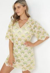 Beżowo-Zielona Pudełkowa Sukienka Mini z Głębokim Dekoltem z Szydełkowej Bawełny Cristel. Brązowe sukienki Born2be, bez wzorów, z bawełny, boho, bez kołnierzyka, bez ramiączek, mini. Za 199.99 zł.