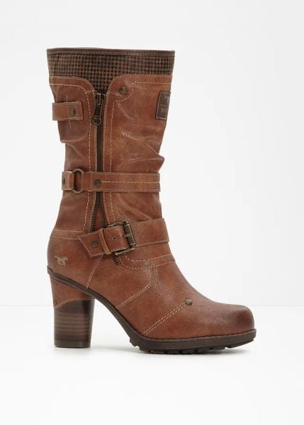 Botki Mustang. Brązowe botki bonprix, bez wzorów, bez obcasa, na obcasie, bez zapięcia. Za 379.99 zł.