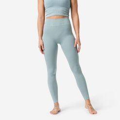 Legginsy do jogi i pilatesu damskie. Niebieskie legginsy DECATHLON, l, bez wzorów, z elastanu, z podwyższonym stanem, długie. Za 129.99 zł.