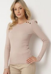 Beżowa Prążkowana Bluzka z Bawełny Ozdobiona Guzikami Rellemi. Brązowe bluzki Born2be, s, z aplikacjami, z bawełny, eleganckie, bez kołnierzyka, bez ramiączek. W wyprzedaży za 59.49 zł.