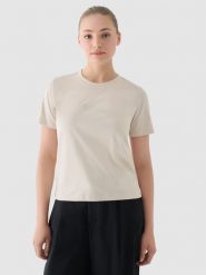 4F T-shirt regular z nadrukiem damski - beżowy XS. Brązowe t-shirty 4f, xs, bez wzorów, z bawełny, bez kołnierzyka, bez ramiączek. W wyprzedaży za 29.99 zł.