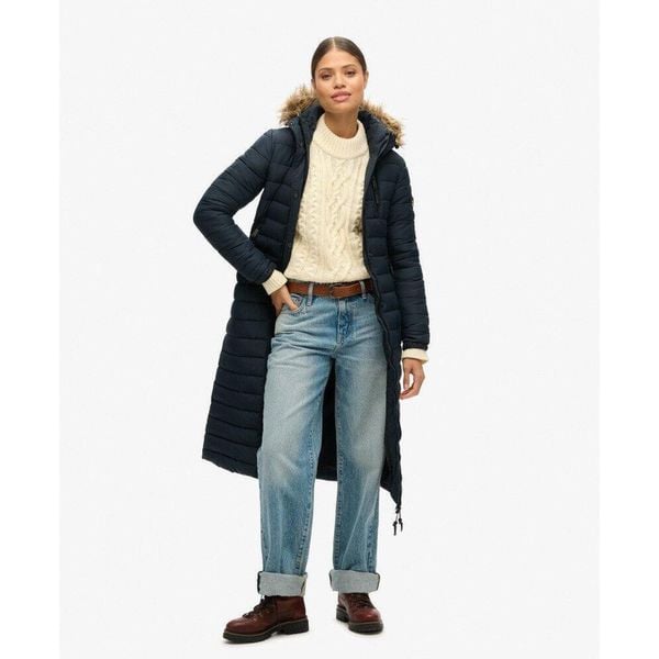 Płaszcz Super Longline Fuji. Niebieskie płaszcze Superdry, bez wzorów, bez kaptura. Za 701.95 zł.