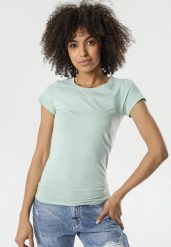 Miętowy T-shirt Gathanthei. Zielone t-shirty Born2be, l, bez wzorów, z bawełny, bez kołnierzyka, bez ramiączek. Za 29.99 zł.