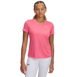 Koszulka treningowa damska z dekoltem w serek Under Armour Tech™. Białe bluzki Under Armour, bez wzorów, z materiału, bez kołnierzyka, bez ramiączek. Za 186.50 zł.