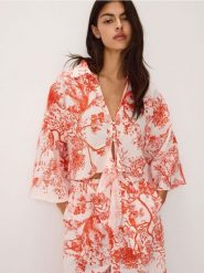 Krótka koszula kimono z wiązaniem - wielobarwny. Koszule Reserved, l, bez wzorów, z bawełny, bez kołnierzyka, bez ramiączek. W wyprzedaży za 89.99 zł.