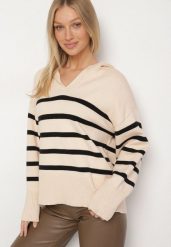 Czarno-Beżowy Sweter Ozdobiony Paskami i Kołnierzykiem Arsena. Czarne swetry Born2be, s, bez wzorów, z jeansu, bez ramiączek. Za 99.99 zł.