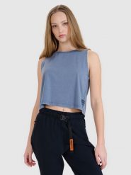 4F Top z nadrukiem damski - granatowy XS. Niebieskie topy 4f, xs, bez wzorów, z bawełny, bez kołnierzyka, bez ramiączek. W wyprzedaży za 29.99 zł.