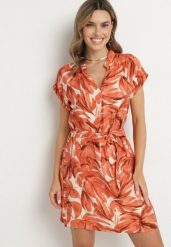 Pomarańczowa Pudełkowa Sukienka z Dekoltem w Serek o Roślinnym Wzorze z Paskiem w Talii Resevia. Brązowe sukienki Born2be, na co dzień, na lato, l, bez wzorów, eleganckie, bez kołnierzyka, bez ramiączek, midi, proste. Za 79.99 zł.