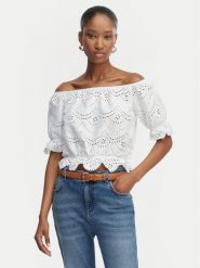 Guess Bluzka W6GP47 K3336 Biały Regular Fit. Białe bluzki Guess, l, z aplikacjami, z bawełny, bez kołnierzyka, bez ramiączek. Za 294.99 zł.