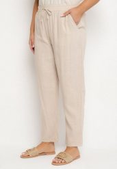 Jasnobeżowe Spodnie z Lnem i Elastyczną Gumką w Pasie Nativena. Brązowe spodnie materiałowe Born2be, na co dzień, plus size, bez wzorów, z jeansu, plus size. Za 69.99 zł.