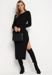 Czarna Sukienka Midi z Prążkowanej Dzianiny z Wiązaniami po Bokach Aramelia. Czarne sukienki Born2be, m, bez wzorów, z dzianiny, bez kołnierzyka, bez ramiączek, midi. Za 159.99 zł.