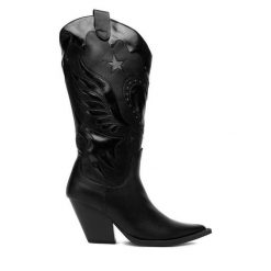 Kowbojki DeeZee. Czarne kozaki DeeZee, bez obcasa, na słupku, bez zapięcia. Za 259.99 zł.