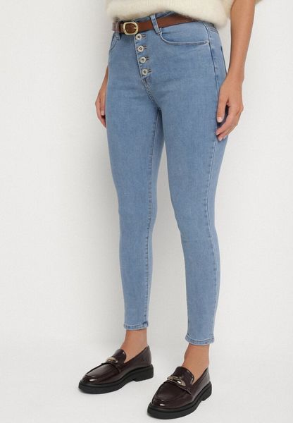 Niebieskie Dopasowane Jeansy z Bawełny Ozdobione Guzikami Hinne. Niebieskie jeansy Born2be, l, bez wzorów, z podwyższonym stanem. Za 79.99 zł.
