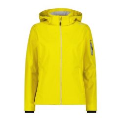 Damska kurtka turystyczna z kapturem CMP. Żółte kurtki sportowe CMP, bez wzorów, z softshellu, z kapturem, trekkingowe. Za 356.00 zł.
