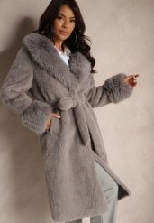 Szary Futrzany Płaszcz z Wiązanym Paskiem Ozdobnym Kołnierzem i Mankietami Viaressa. Szare płaszcze Renee, l, bez wzorów, z futra, bez kaptura. Za 229.99 zł.
