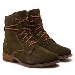 Botki Josef Seibel. Zielone botki Josef Seibel, bez wzorów, bez obcasa, na płaskiej podeszwie, bez zapięcia. Za 449.99 zł.