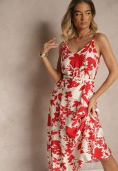 Czerwona Sukienka z Wiskozą o Rozkloszowanym Kroju w Kwiaty Thirimi. Czerwone sukienki Renee, na co dzień, l, bez wzorów, z wiskozy, eleganckie, bez kołnierzyka, bez ramiączek, maxi, rozkloszowane. Za 49.99 zł.