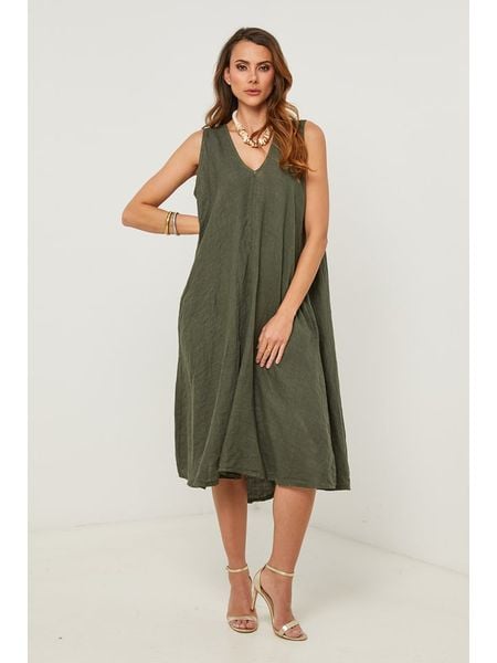Fleur de Lin Sukienka w kolorze khaki rozmiar: S. Brązowe sukienki Fleur de Lin, s, bez wzorów, ze lnu, bez kołnierzyka, bez ramiączek, midi. Za 204.95 zł.