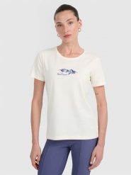4F T-shirt regular z nadrukiem damski - biały XS. Białe t-shirty 4f, xs, bez wzorów, z bawełny, bez kołnierzyka, bez ramiączek. Za 59.99 zł.