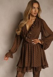 Brązowa Rozkloszowana Sukienka z Siateczki w Groszki z Falbankami Nesiba. Brązowe sukienki Renee, na spotkanie biznesowe, l, bez wzorów, z poliesteru, bez kołnierzyka, bez ramiączek, mini, rozkloszowane. Za 159.99 zł.