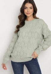 Miętowy Sweter o Luźnym Kroju i Wzorzystym Splocie ze Ściągaczami Elondrae. Zielone swetry Born2be, uniwersalny, bez wzorów, z bawełny, bez ramiączek. Za 149.99 zł.