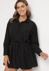 Czarna Koszulowa Sukienka w Stylu Bombki z Paskiem Lavilorae. Czarne sukienki Born2be, na spotkanie biznesowe, l, bez wzorów, eleganckie, bez kołnierzyka, bez ramiączek, mini, bombki. Za 84.99 zł.