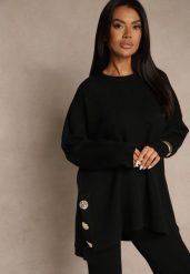 Czarny Sweter z Wiskozą i Guzikami po Bokach Violsave. Czarne swetry Renee, l, bez wzorów, z jeansu, bez ramiączek. Za 149.99 zł.