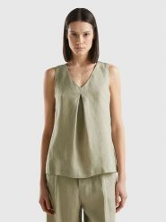 Benetton Lniana bluzka w kolorze khaki rozmiar: XS. Brązowe bluzki Benetton, xs, bez wzorów, ze lnu, bez kołnierzyka, bez ramiączek. Za 87.81 zł.