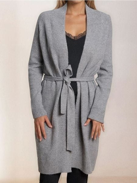 Długi kardigan z paskiem - szary. Szare kardigany Sinsay, l, bez wzorów. Za 69.99 zł.