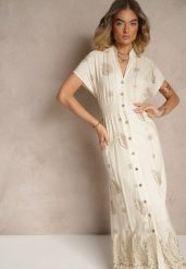Beżowa Sukienka Koszulowa z Bawełną i Metaliczną Nicią Ullio. Brązowe sukienki Renee, na co dzień, l, bez wzorów, z bawełny, eleganckie, bez kołnierzyka, bez ramiączek, maxi, kopertowe. Za 99.99 zł.
