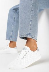 Biało-Srebrne Skórzane Tenisówki z Perforacją Ozdobione Brokatem Eramia. Białe trampki Born2be, z aplikacjami, z jeansu, bez zapięcia. Za 59.99 zł.