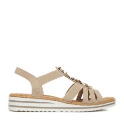 Sandały Rieker. Brązowe sandały Rieker, bez wzorów, bez obcasa, na koturnie, bez zapięcia. Za 319.99 zł.